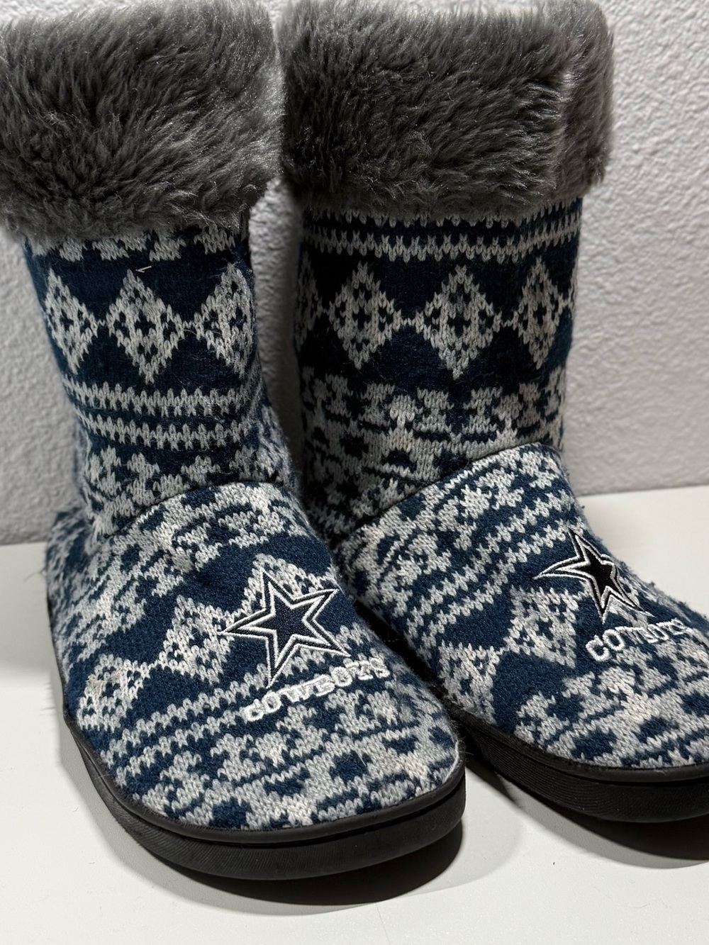NFL Dallas Cowboys Navy and Gray Knit Boot Slippers with Faux-Fur Cuff